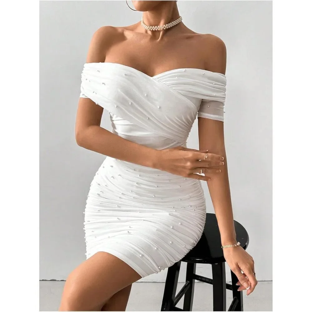 Womens Pearl Beaded Off Shoulder Short Sleeve Bodycon Party White Dress - Picture 4 of 6